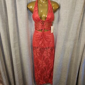 SheinBae 2-Piece Lace Corset Top W/Skirt Women's S Red Deep V Halter Lined Maxi